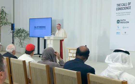 Cardinal Pietro Parolin, Vatican secretary of state, is seen in this screen grab reading Pope Francis' speech for the inauguration of the Faith Pavilion at COP28, the U.N. Climate Change Conference, in Dubai, United Arab Emirates, Dec. 3. 